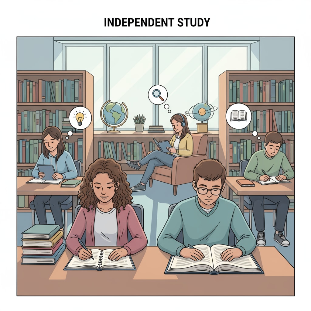 A group of high school students are studying independently in a library, some are reading books, some are taking notes, showing the scene of self-education. High school students engaged in self-education for better academic performance and future life planning.
