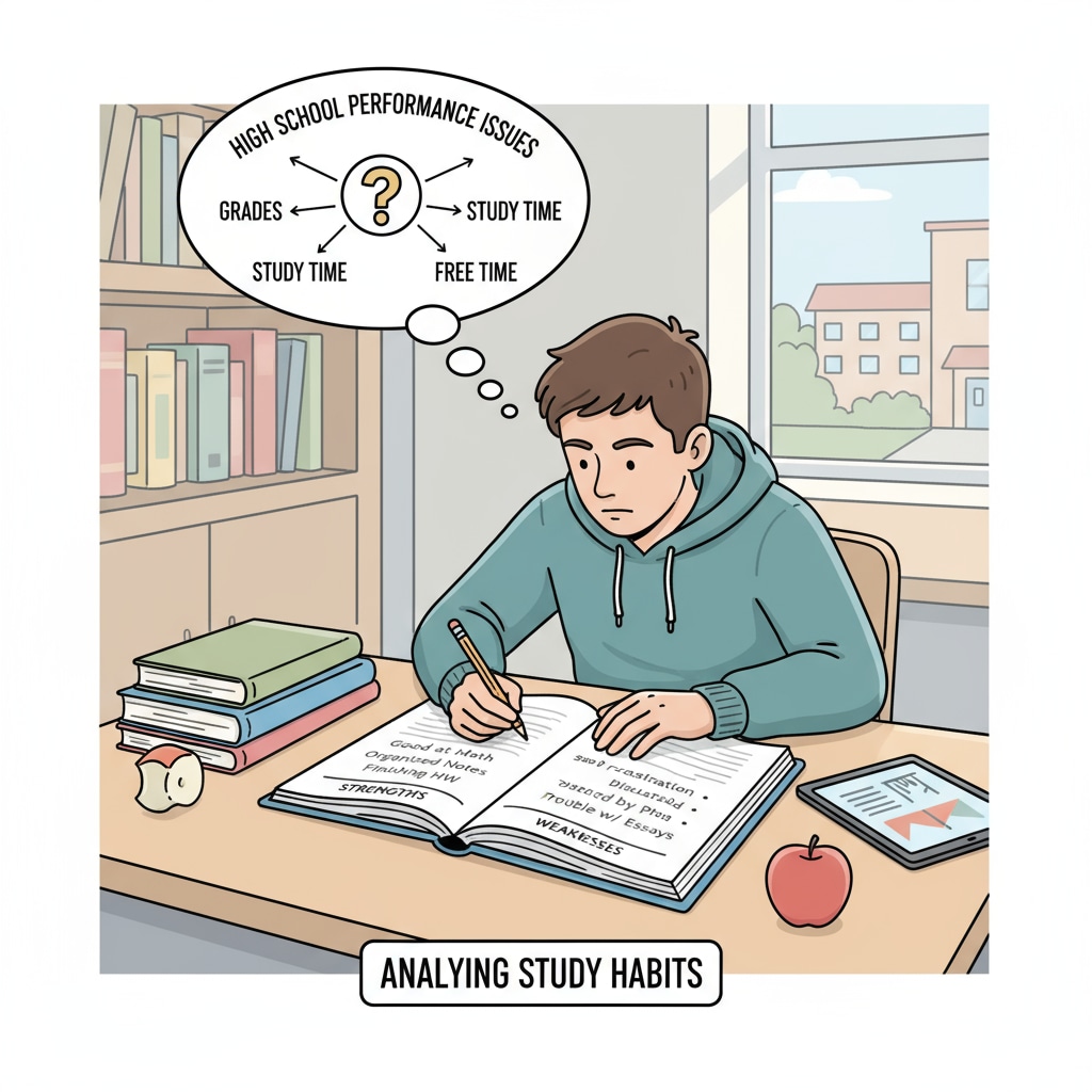 A student is sitting at a desk, analyzing their study habits by writing down their strengths and weaknesses, related to understanding high school performance issues. A student analyzing study habits for improved high school performance and life planning.