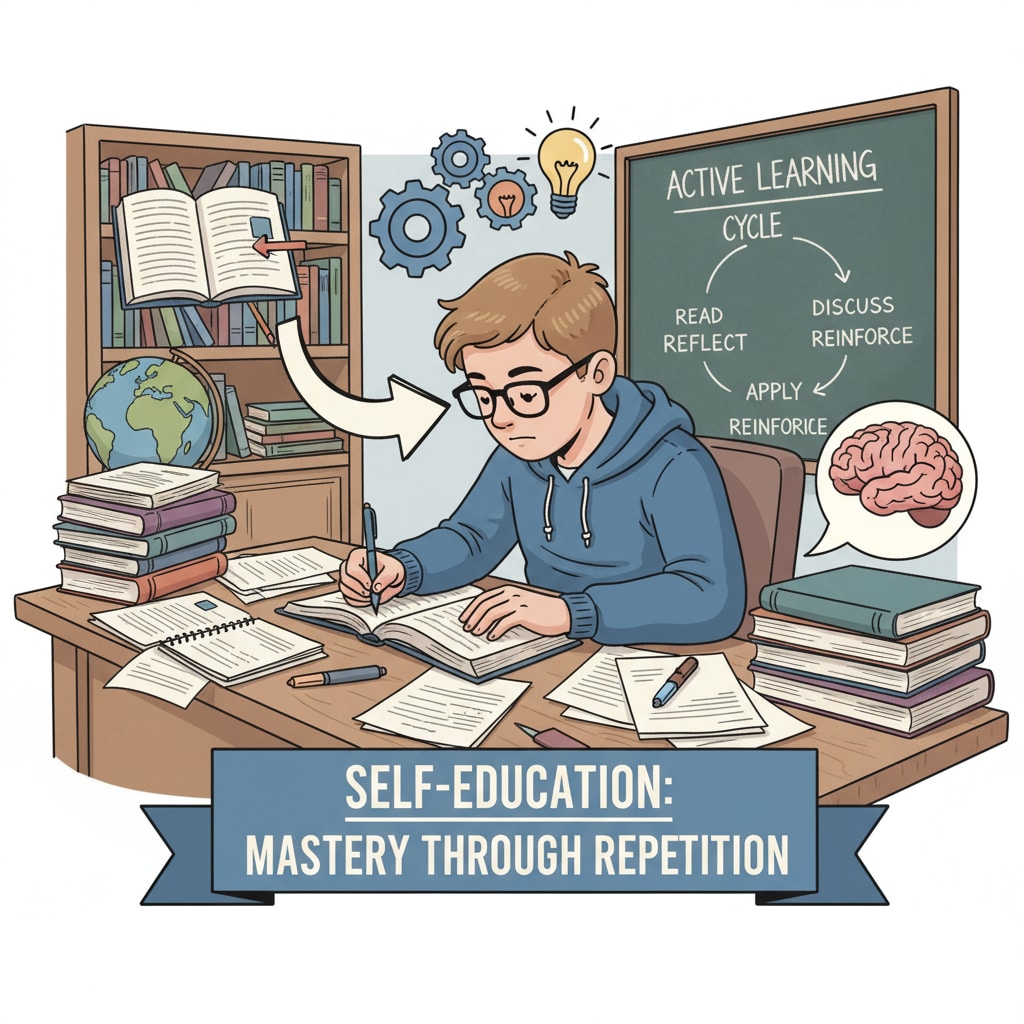 A student is sitting at a desk, surrounded by books and notebooks, intently reading and taking notes, symbolizing the process of self-education to reinforce knowledge. A student engaged in self-education for high school knowledge reinforcement