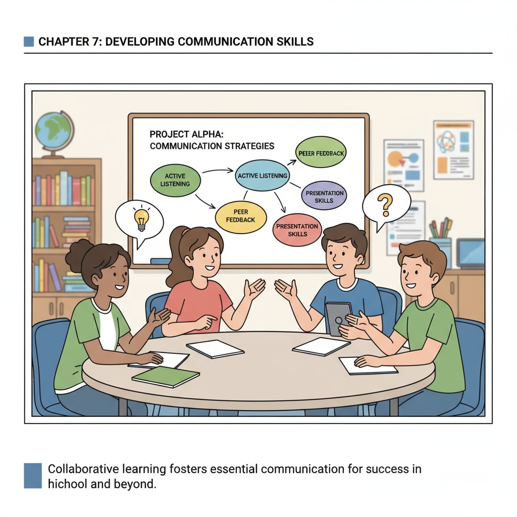 A group of students are gathered around a table, having a lively discussion about a project. They are gesturing and expressing their ideas, showing the development of communication skills which are important in high school education and beyond. Students developing communication skills relevant to high school education and key skills acquisition