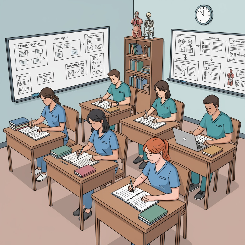 A group of nursing students sitting at desks, studying textbooks and taking notes in a classroom setting. Nursing students learning in a classroom, related to FAFSA, Associate Degree, Nursing, Federal Aid