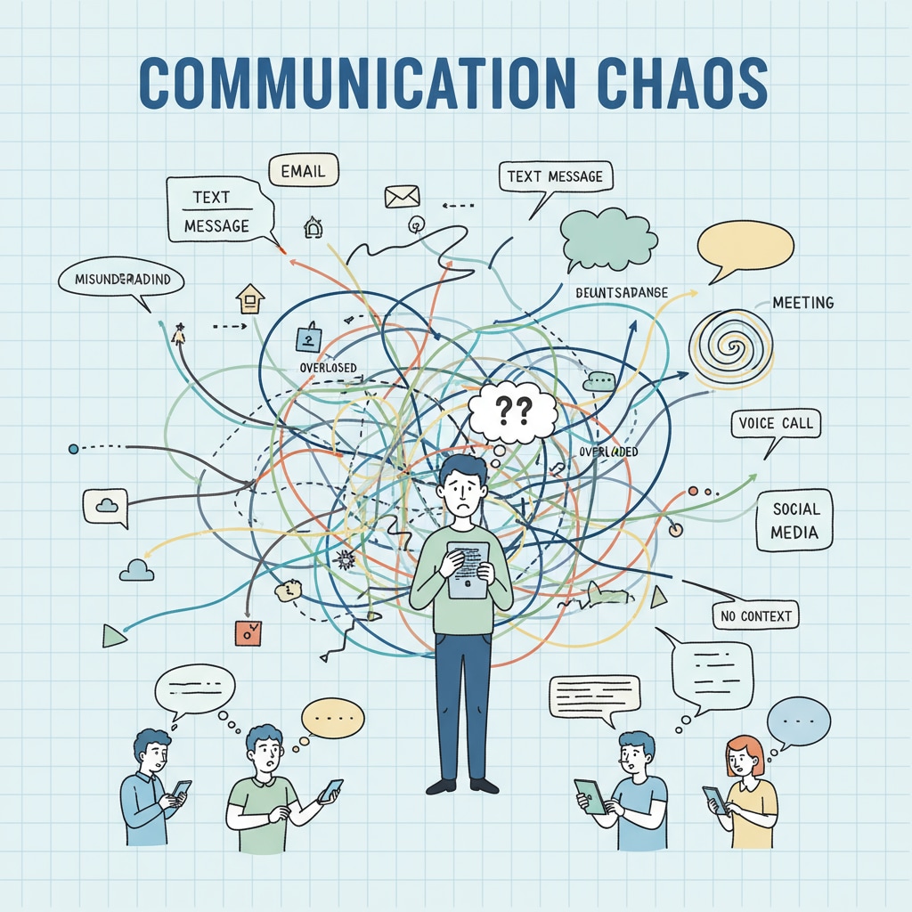 A visual representation showing a chaotic communication setup with various channels and scattered messages. A depiction of the fragmented school-parent communication system