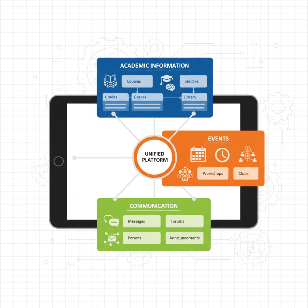 An illustration of a unified platform with different sections for academic information, events, and communication. A visualization of a unified school-parent communication platform