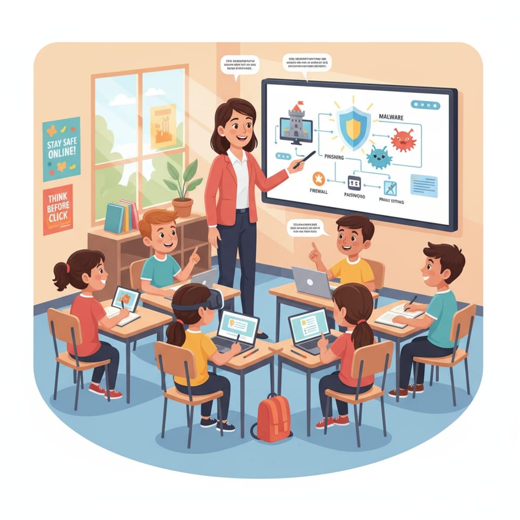 A group of K12 students attentively listening to a teacher explaining cybersecurity concepts. K12 students engaged in cybersecurity education with a teacher