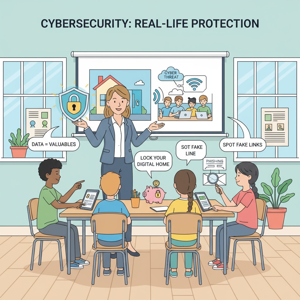 A teacher using real-life examples to explain cybersecurity to students. Teacher explaining cybersecurity through real-life examples to K12 students