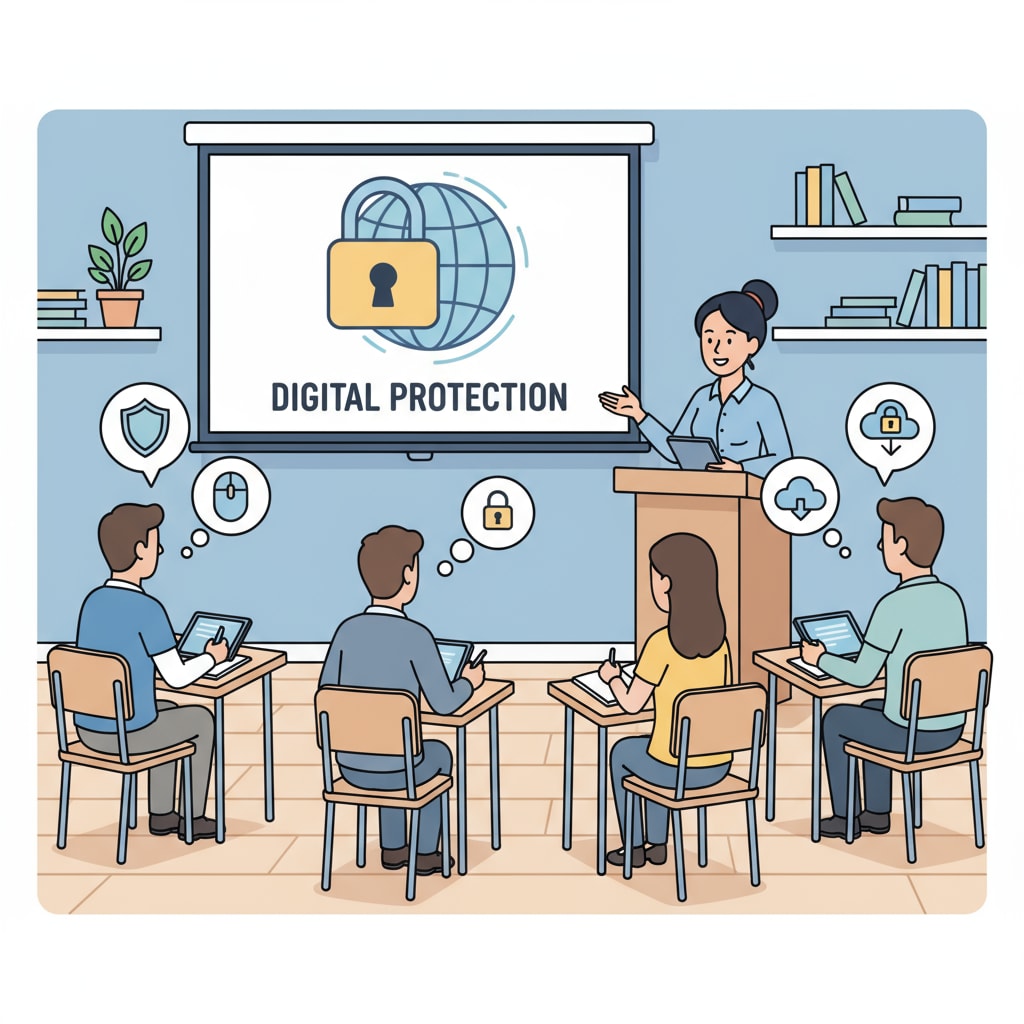 Students attentively listening to a lecture on digital protection in a classroom setting. K-12 students learning digital protection as part of protection education with social impact