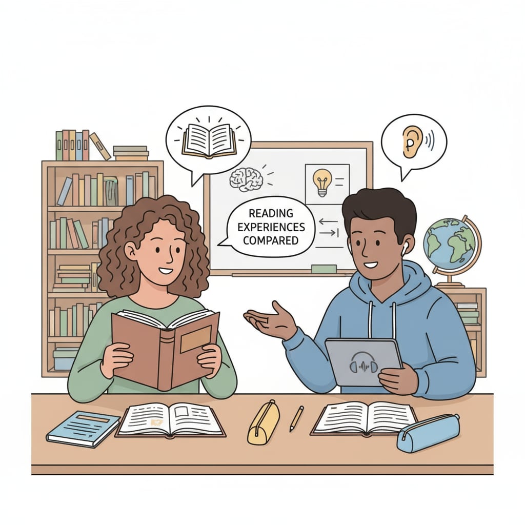 Two students are sitting at a table, one reading a physical book and the other listening to an audiobook on a device, comparing the experiences. Students comparing the experience of reading a book and listening to an audiobook for language art learning