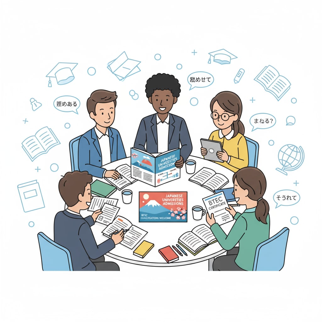 A group of students are gathered around a table, discussing their plans to apply to Japanese universities with their BTEC qualifications, looking at brochures and documents. Students with BTEC qualifications discussing their applications to Japanese universities