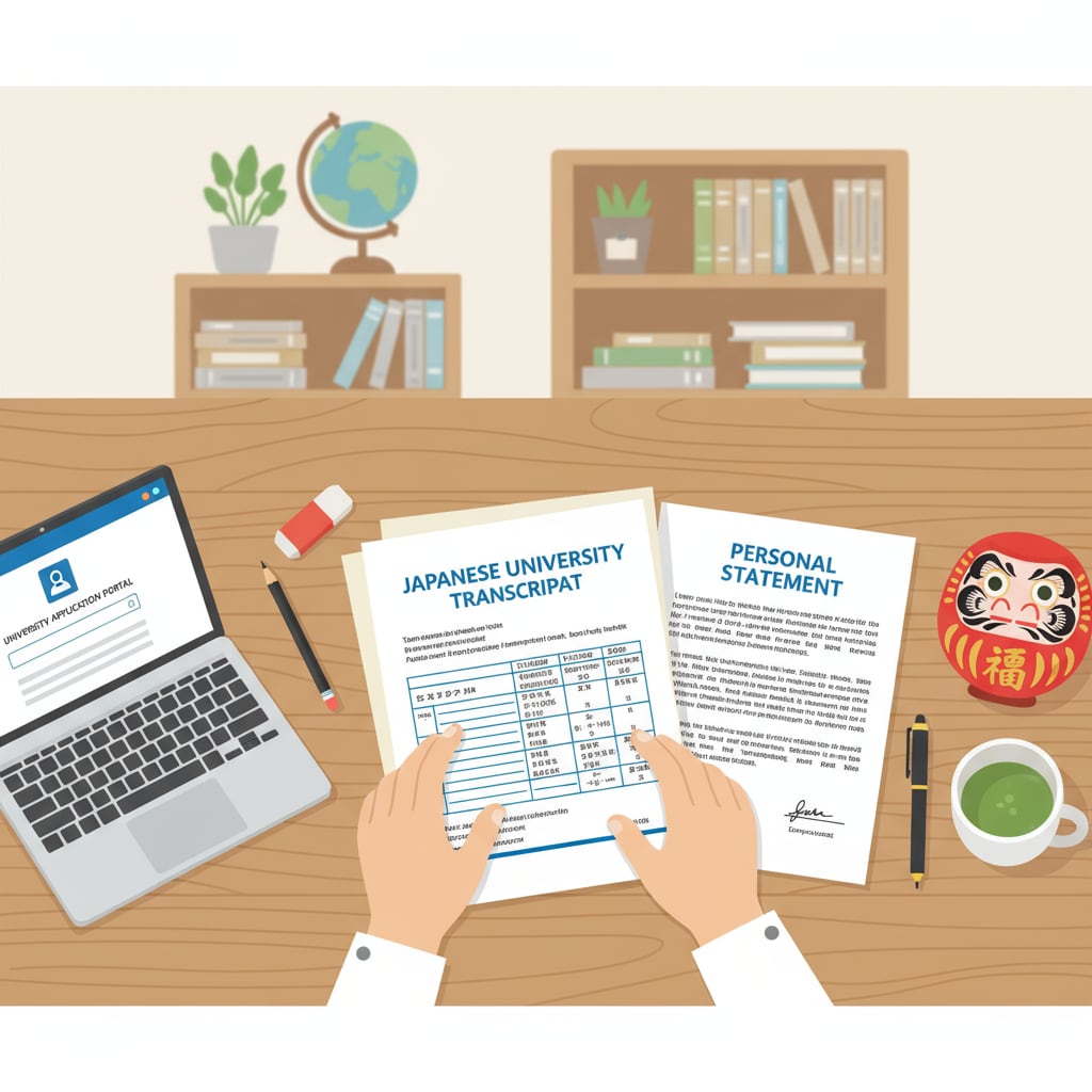 A student is sitting at a desk, carefully arranging documents such as transcripts and personal statements for their application to a Japanese university. A student preparing application documents to a Japanese university with BTEC background
