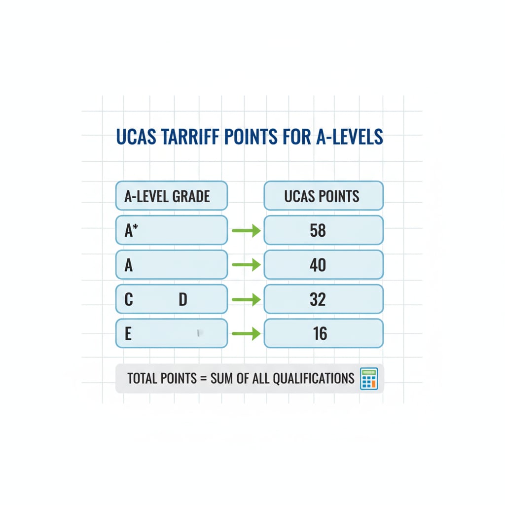 This illustration shows how UCAS points are calculated for different A-Level grades, with each grade assigned a specific number of points. Illustration of UCAS point calculation for A-Level grades