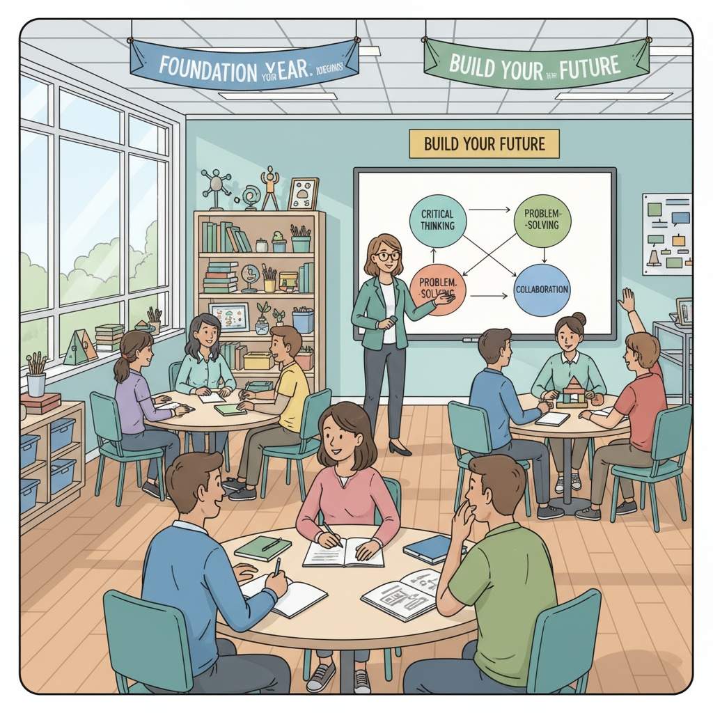 A group of students are attending a foundation year class, interacting with the instructor and each other. Students attending a foundation year class