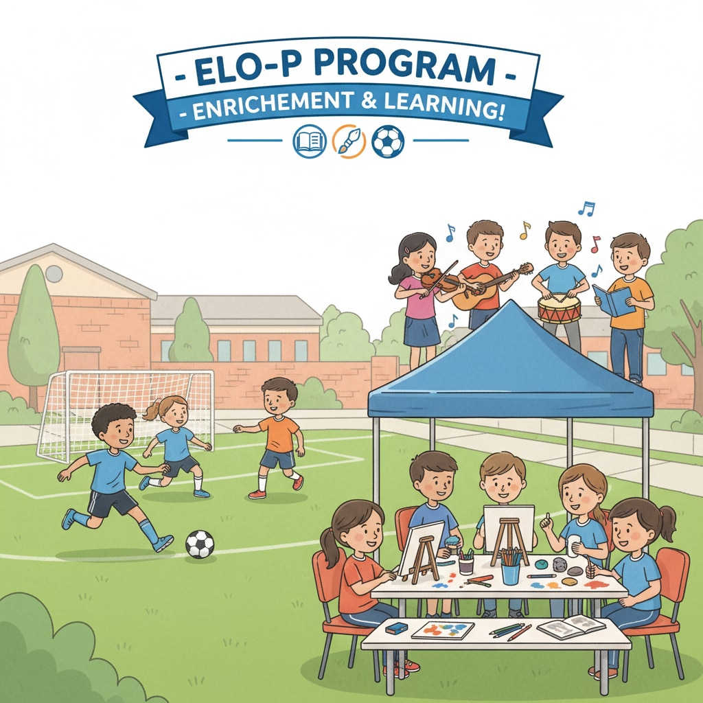 A group of students are seen actively participating in different after-school activities like sports, art, and music under the ELO-P program. Students participating in extended learning activities under ELO-P with education funding support