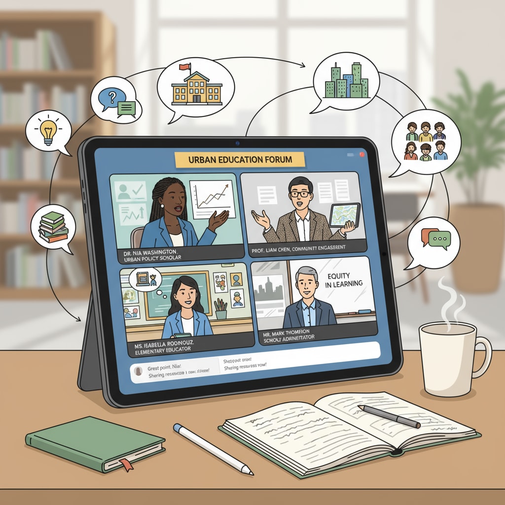 A virtual meeting where educators are discussing urban education topics, sharing ideas and experiences. Educators participating in a virtual interview for urban education research