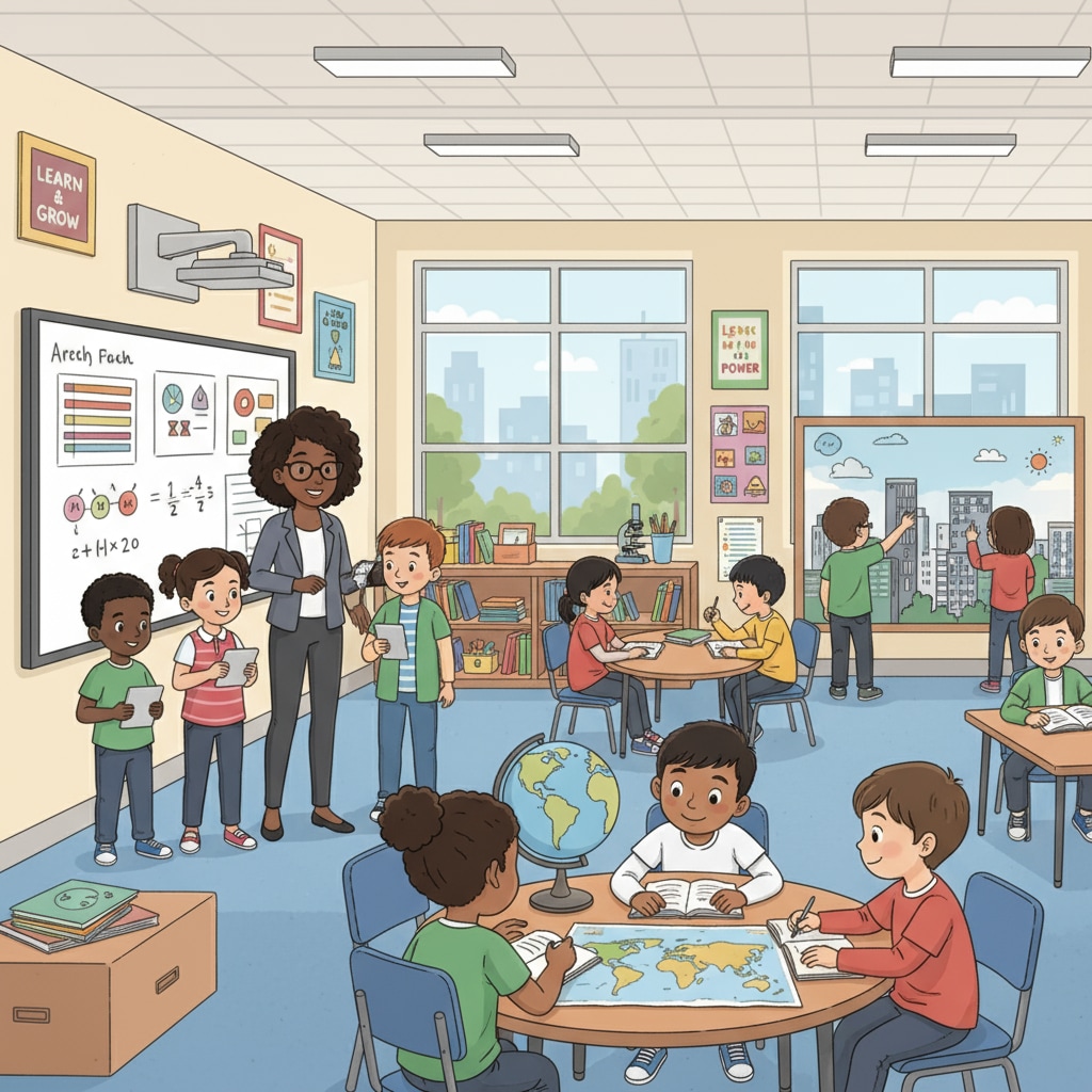 A classroom in an urban school with students of different ethnicities, engaged in learning activities. Urban education classroom scene for research project
