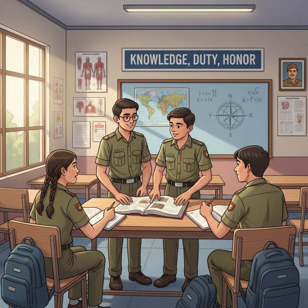A group of students studying together in a Sainik School classroom, showing an environment of learning and camaraderie Students studying in a Sainik School classroom during AISSEE preparation