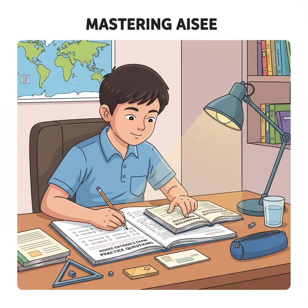A student sitting at a desk, concentrating on solving AISSEE practice questions Student solving AISSEE practice questions at a desk