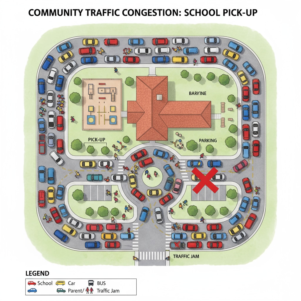 An aerial view shows cars congested around a small town school during the pickup and drop-off period, depicting the chaotic traffic situation. Traffic congestion around a small town school during pickup and drop-off
