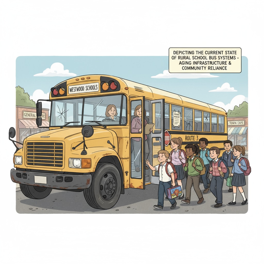 A group of students are boarding an old and somewhat worn-out school bus in a small town, highlighting the current state of the school bus system. Students getting on an old school bus in a small town