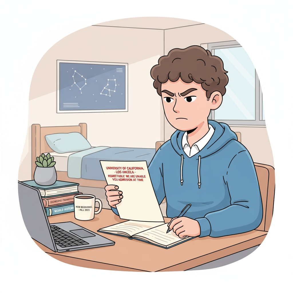 A student is sitting at a desk, looking at a university rejection letter. There is a determined expression on their face as they start to write down new plans. Student showing determination after receiving university application rejection related to academic failure