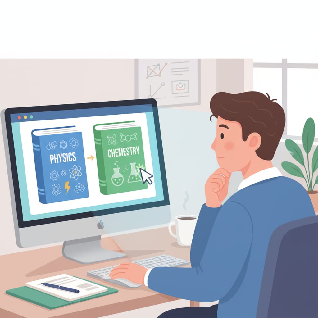 An illustration depicting a student sitting in front of a computer, looking confused while choosing between a physics book and a chemistry book in an online learning environment. A student choosing between physics and chemistry in an online learning setting related to the health field