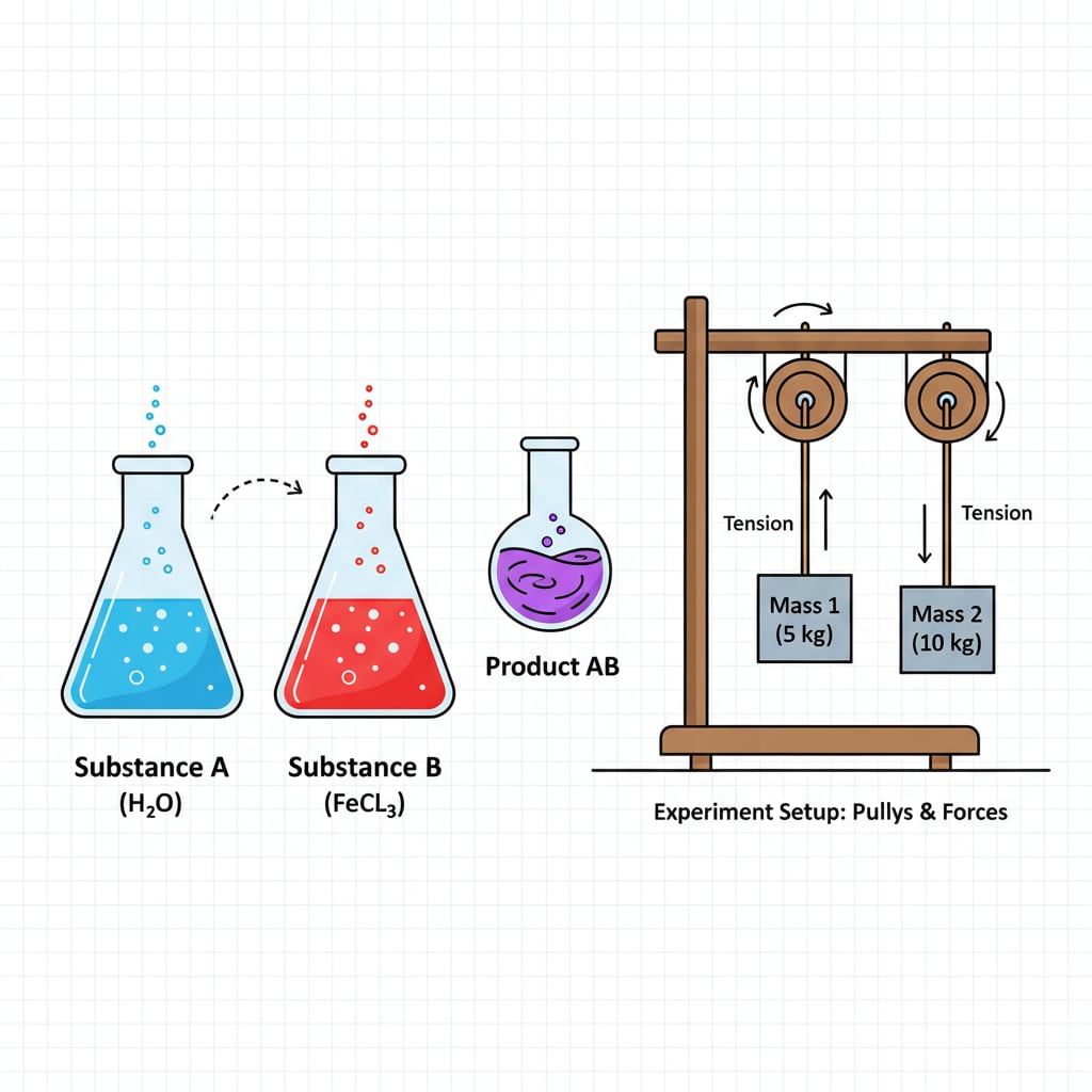 Two beakers with different colored liquids representing chemical substances, and a diagram of a physics experiment setup with pulleys and weights Chemical substances and physics experiment setup relevant to online learning in the health field