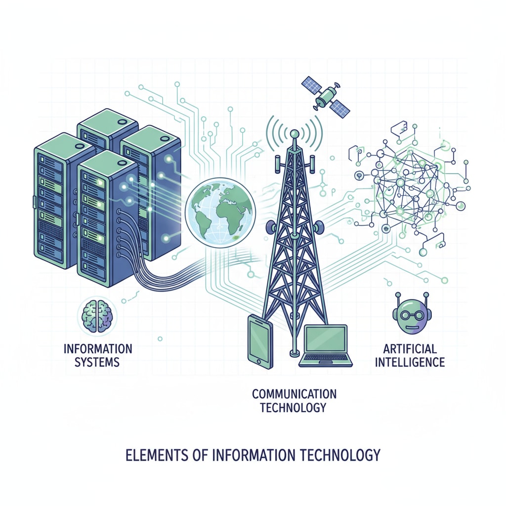 An illustration showing different elements of IT fields like servers for information systems, communication towers for communication technology, and neural network diagrams for AI. Illustration of IT fields related to university major selection and career development in IT