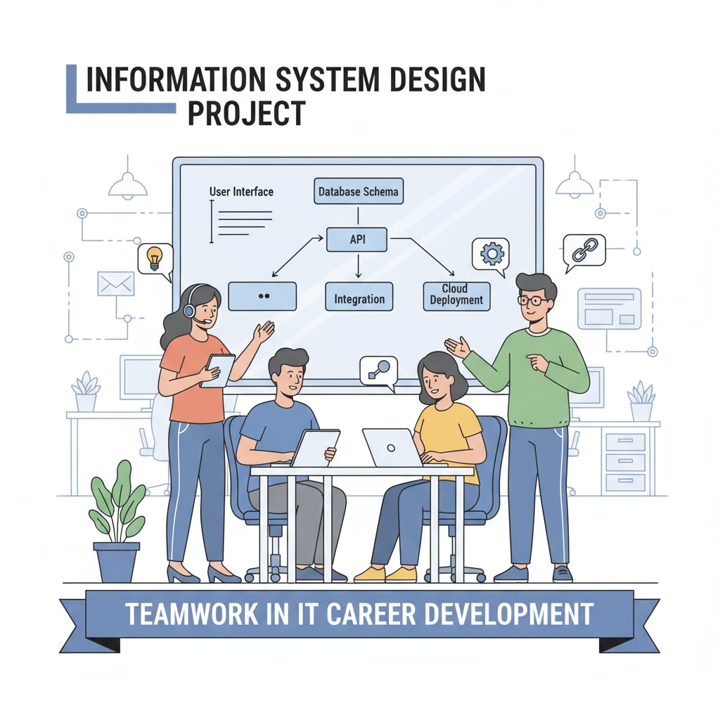 A group of people collaborating on an information system design project in an office environment, highlighting teamwork in IT career development. People working on an IT project related to university major selection in IT