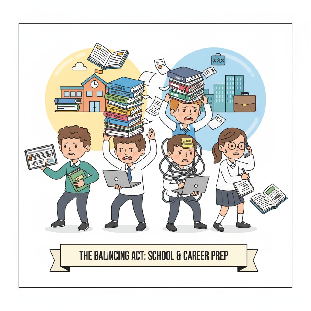 A group of K12 students looking stressed while juggling books and internship papers, depicting the struggle of handling both academic and internship tasks. K12 students struggling with internship workload, academic balance, and time management