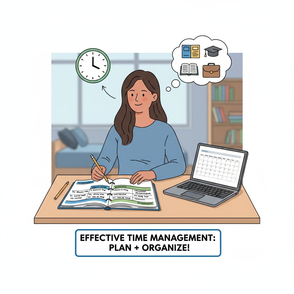 A student using a planner to schedule internship and academic activities, showing an effective time management method. Student practicing time management for internship and academic balance