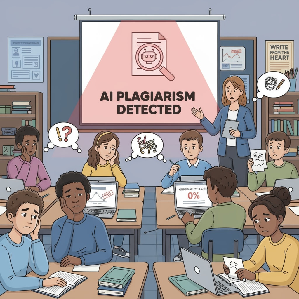 A group of high school students in a creative writing class looking disappointed because of the pressure from AI detection tools. High school students in creative writing class facing creativity suppression due to AI detection