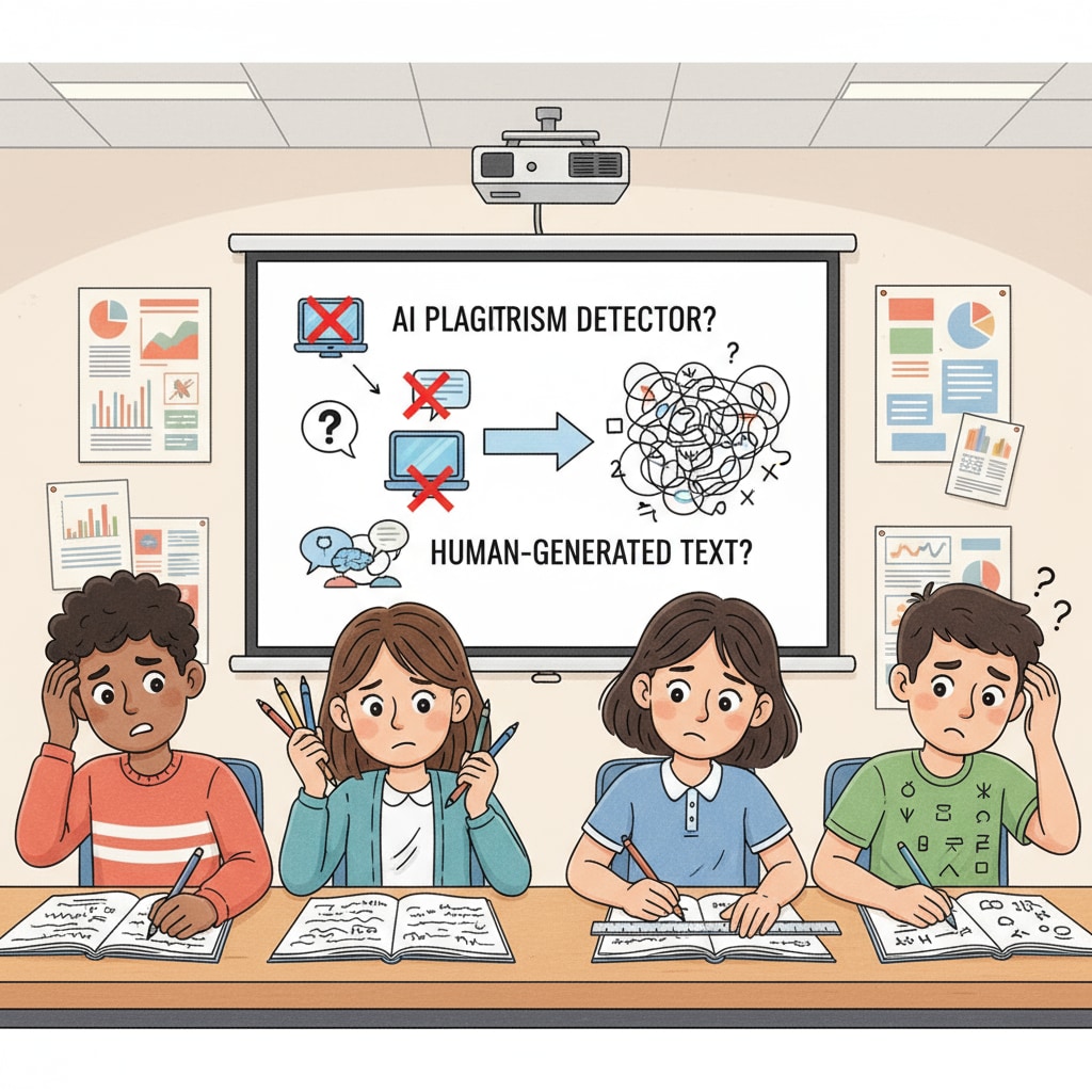 Students in a classroom looking confused while trying to write in a way that won't be flagged by AI detection tools. Students in creative writing class struggling with AI detection and creativity suppression