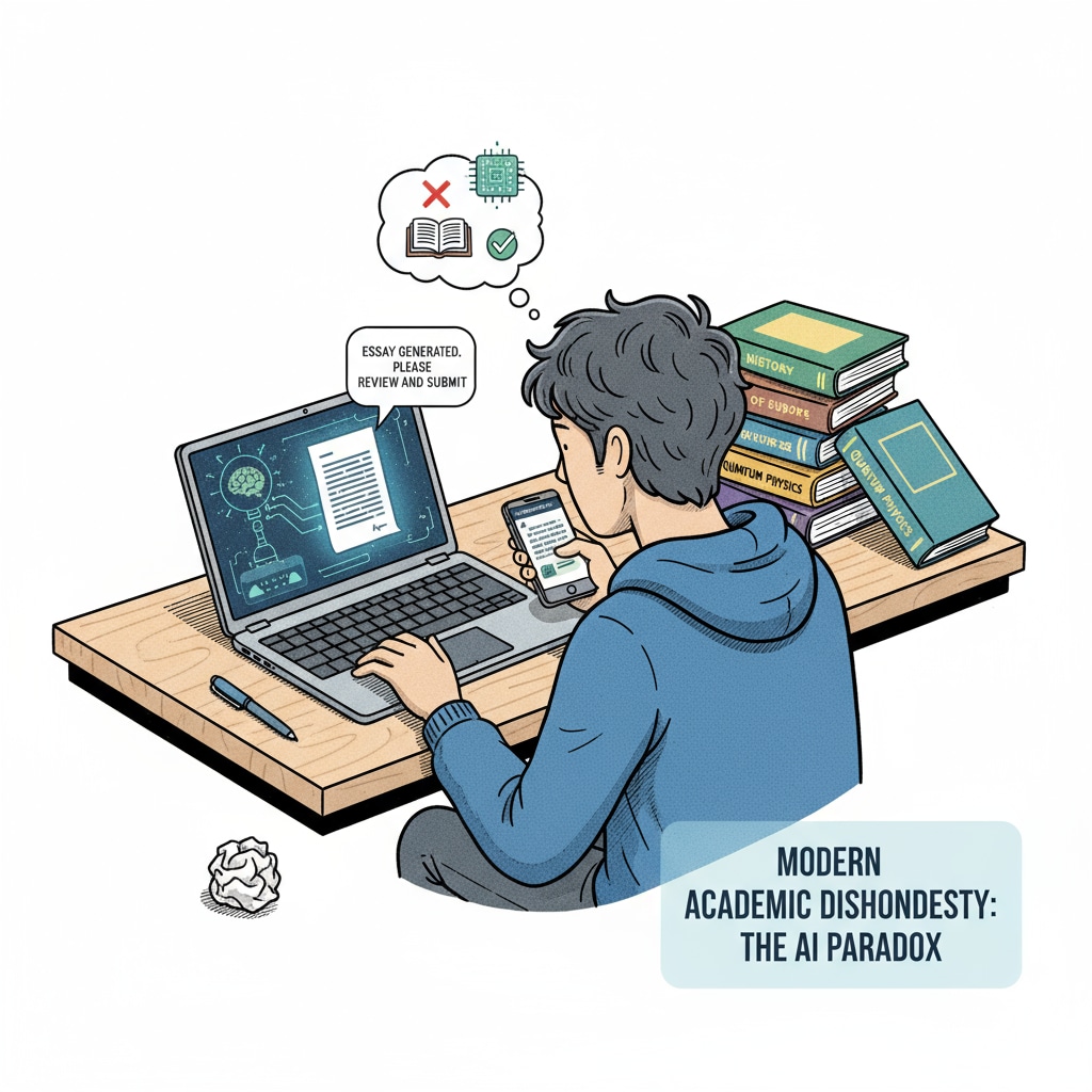 A student is shown interacting with an AI interface on a laptop, with a pile of textbooks nearby, representing the new form of cheating with AI. A student using ChatGPT for potential cheating while having homework-related materials nearby.