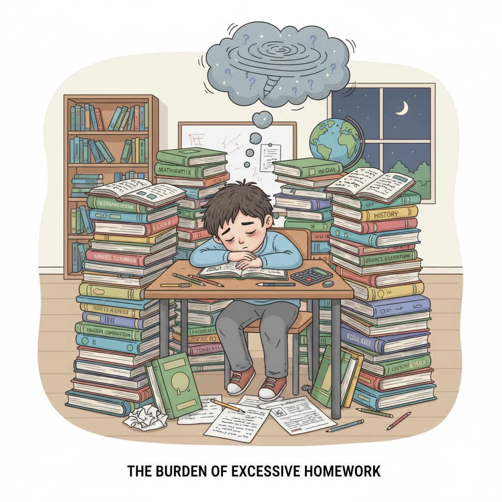A young child is depicted sitting at a study table, surrounded by a large number of homework books, looking exhausted, symbolizing the burden of excessive homework. A tired child surrounded by homework, highlighting the impact on children's free time.