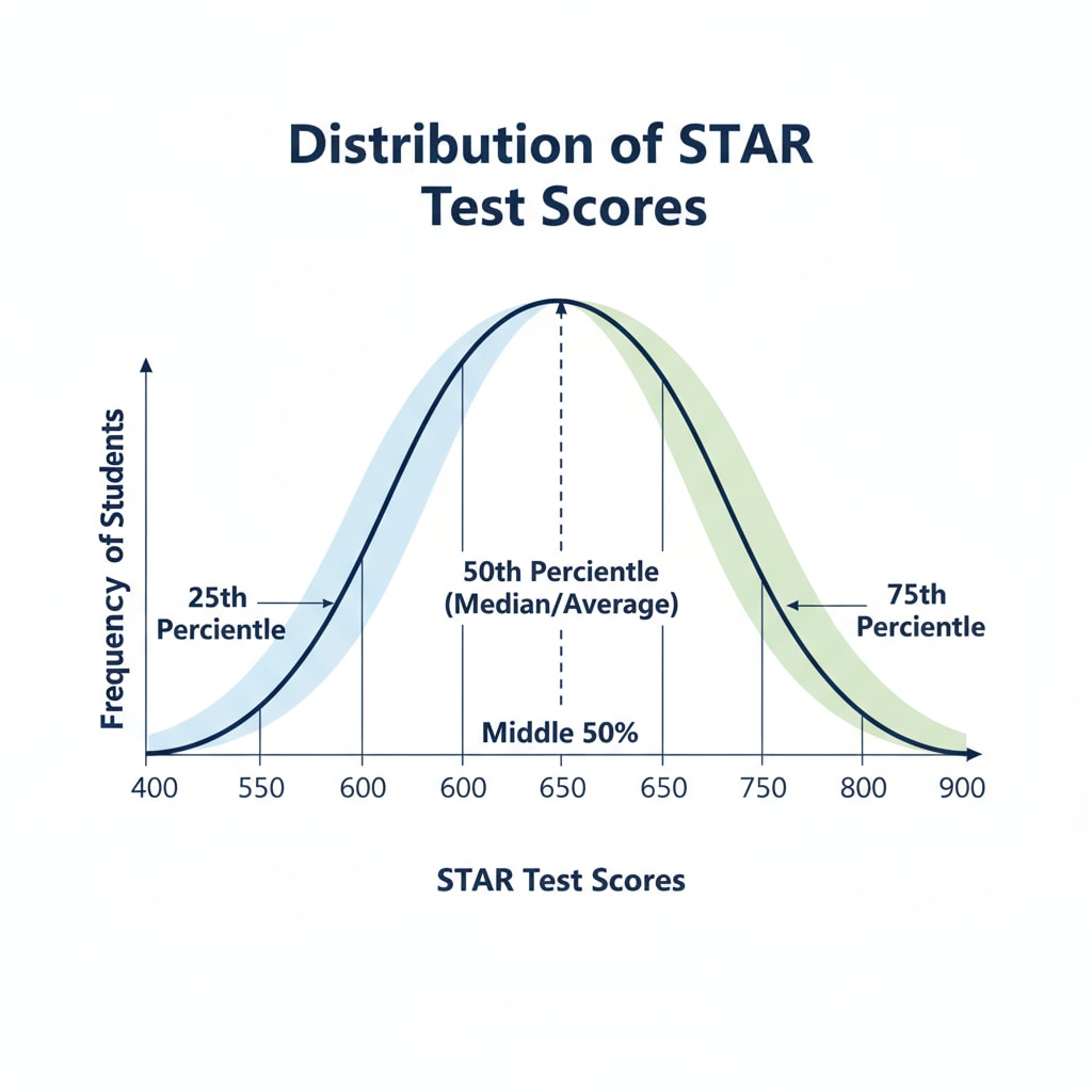 A graph showing how STAR test scores are distributed among students, with different percentiles marked. Visual representation of STAR test scores distribution for student assessment