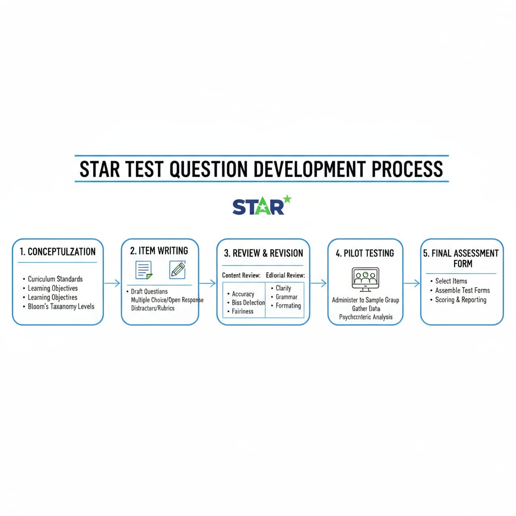 A diagram depicting the process of developing STAR test questions, from concept to final assessment. Illustration of how STAR test questions are developed for accurate student assessment