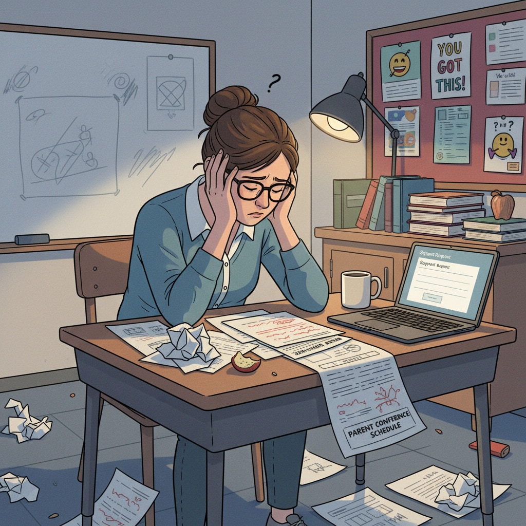 A frustrated teacher due to lack of support in dealing with student behavioral issues, showing signs of career frustration
