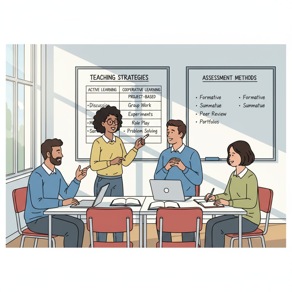 A group of educators are engaged in a discussion about teaching methods inside a classroom. There are whiteboards with notes on different teaching strategies. Educators discussing teaching methods and curriculum design in a classroom setting
