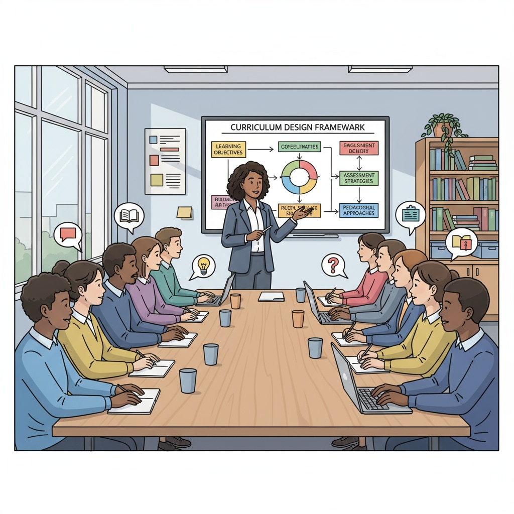 A professor is standing in front of a class, using visual aids to explain curriculum design concepts. The students are attentively listening and taking notes. Professor explaining curriculum design related to teaching methods and postgraduate studies