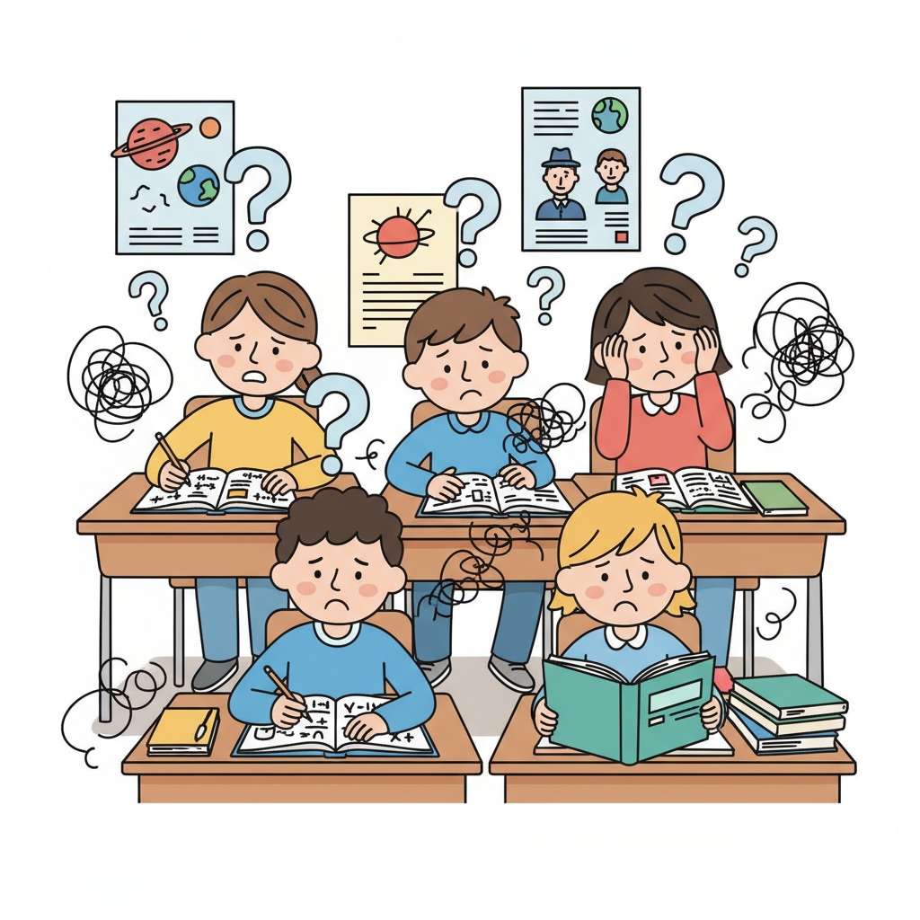 A group of K12 students sitting in a classroom, looking confused while studying. K12 students experiencing learning困惑 and self-questioning about intelligence.