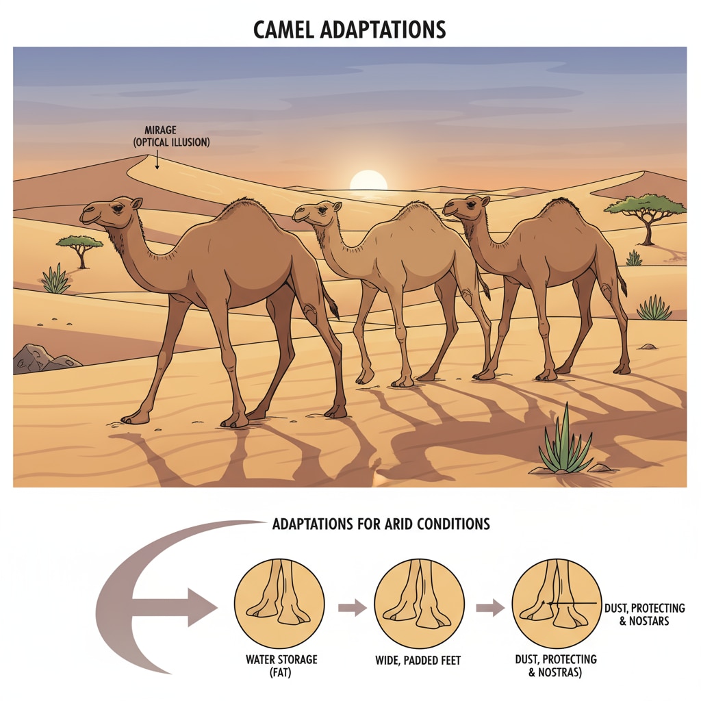 A group of camels walking in the desert, showing their ability to adapt to arid conditions Camels demonstrating their survival adaptations in the desert