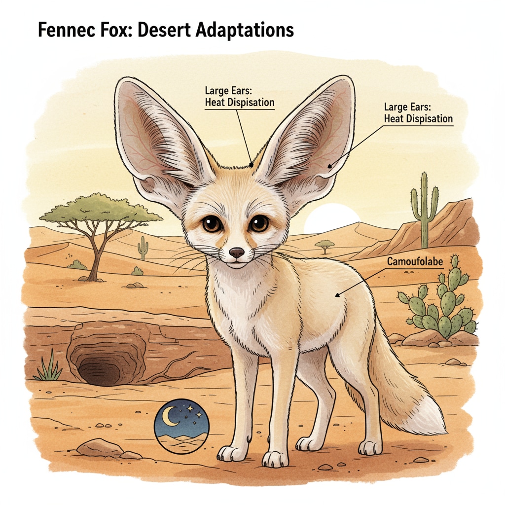 A fennec fox with its large ears in the desert Fennec fox showing its adaptation features in the desert