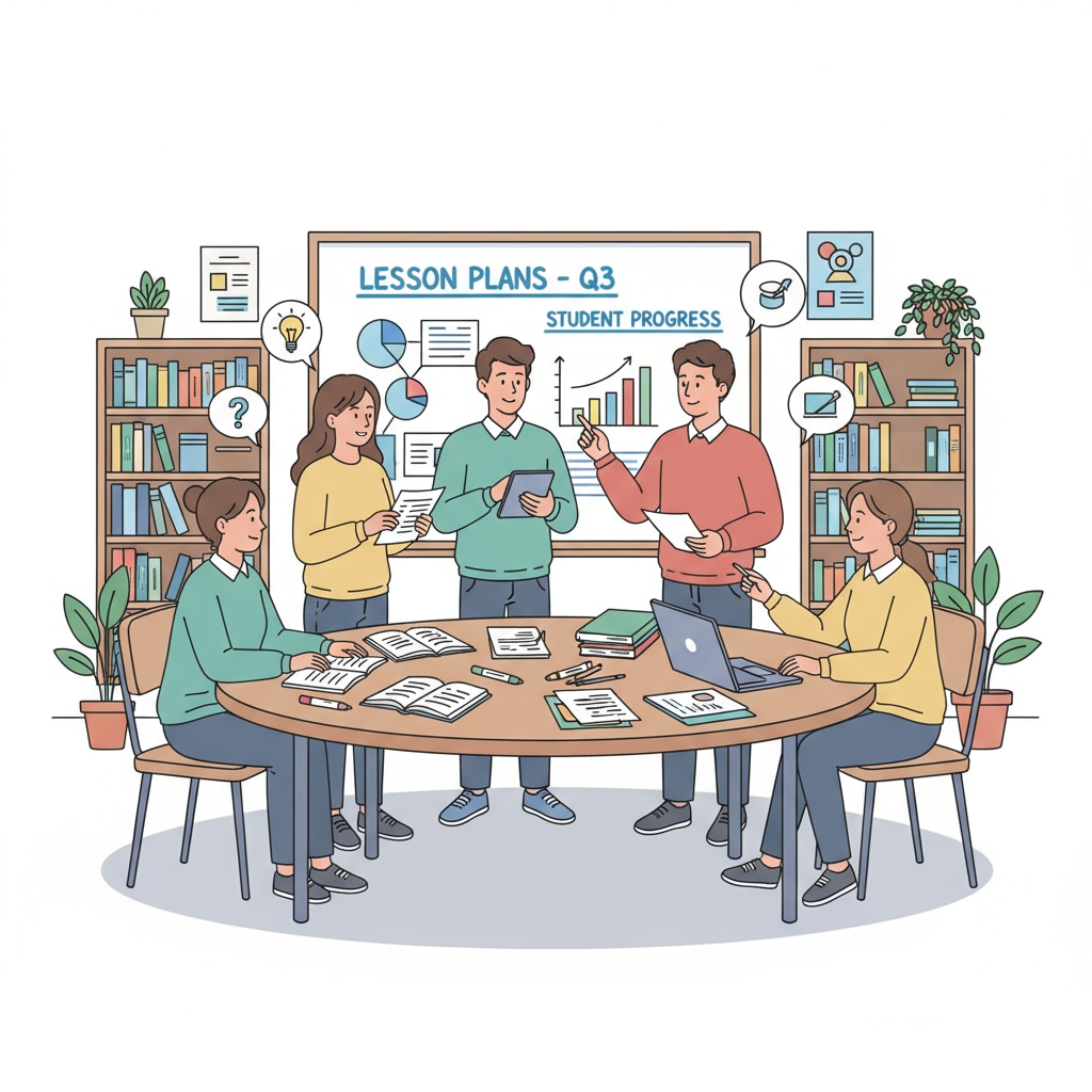 A group of teaching assistants collaborating in a classroom, discussing lesson plans and student progress. Teaching assistants collaborating in a classroom for MAT program applications
