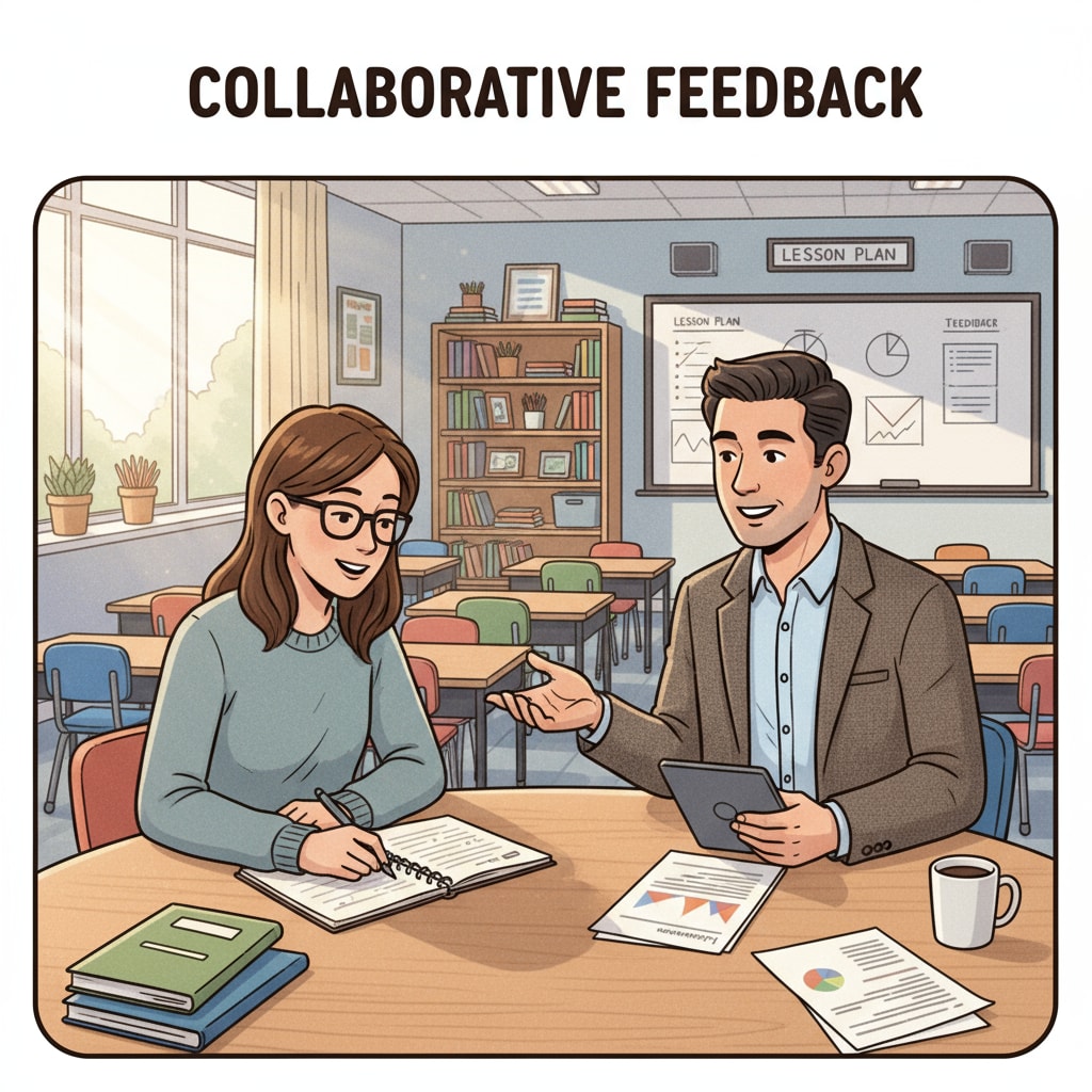 A teaching assistant receiving feedback from a classroom teacher, taking notes and engaging in a productive conversation. Teaching assistant receiving feedback from a classroom teacher for MAT program