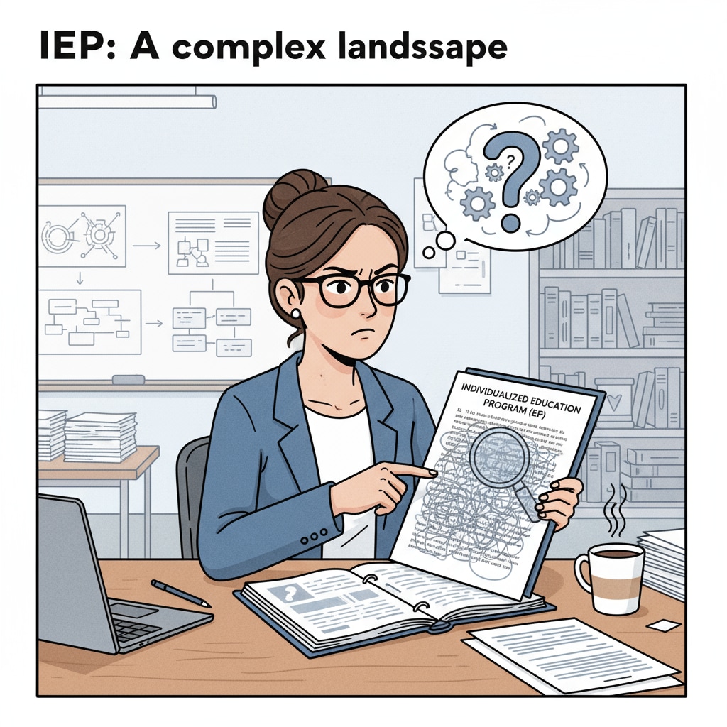 A special education teacher is seen concentrating on an IEP document, emphasizing the challenge of understanding it. Special education teacher facing reading comprehension difficulties with an IEP document