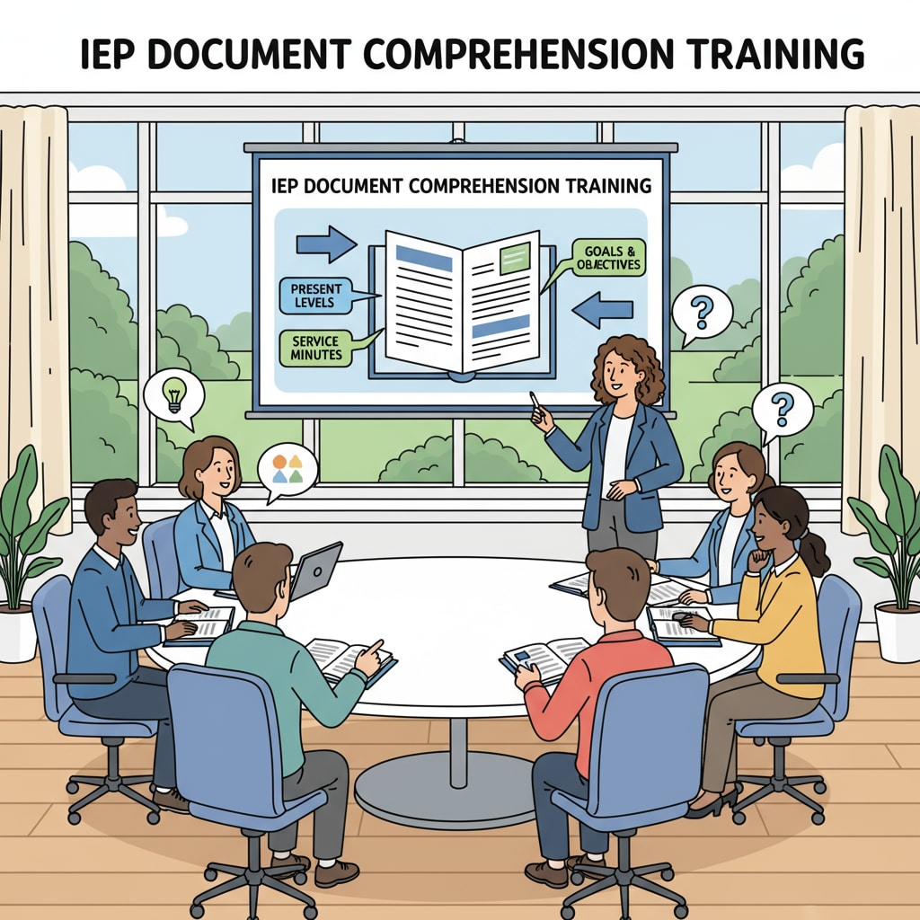 A group of special education teachers are engaged in a training session centered around IEP document comprehension. Special education teachers receiving training to overcome IEP reading comprehension difficulties