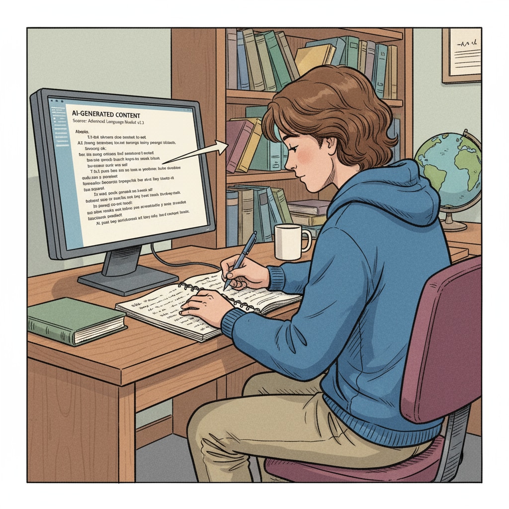 A student is sitting at a desk, manually writing down text. There is a computer screen nearby that shows an AI-generated text, indicating the source of the content being transcribed. A student manually inputting AI-generated content in an attempt to evade AI detection