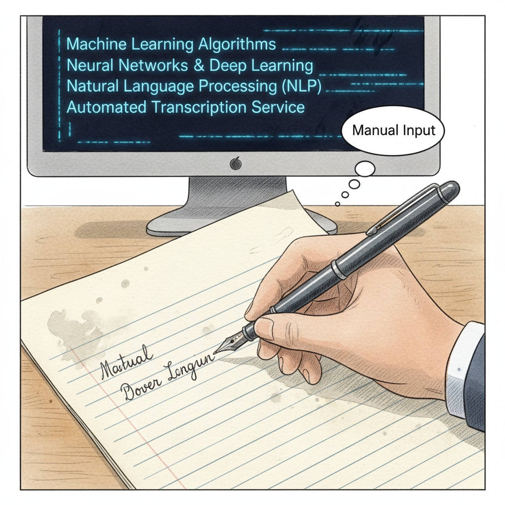 A close-up of a student's hand writing on a piece of paper. In the background, the computer screen displays an AI-generated text, highlighting the act of manual transcription. Close-up of a student manually transcribing AI-generated content for potential AI detection evasion