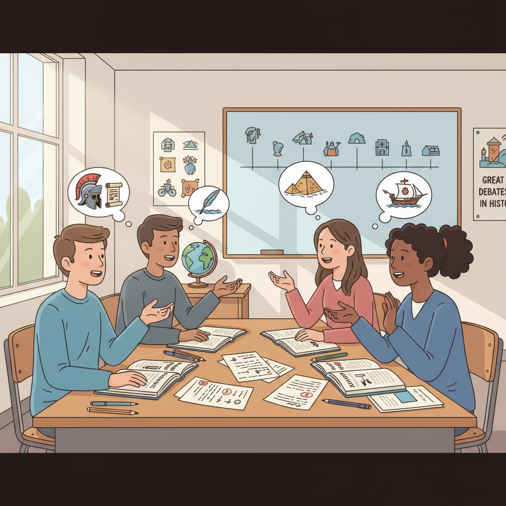 A group of students are engaged in a lively discussion about historical events in a classroom setting, with textbooks and notes scattered on the desks. Students discussing history in a classroom related to educational majors, history teachers, and career planning