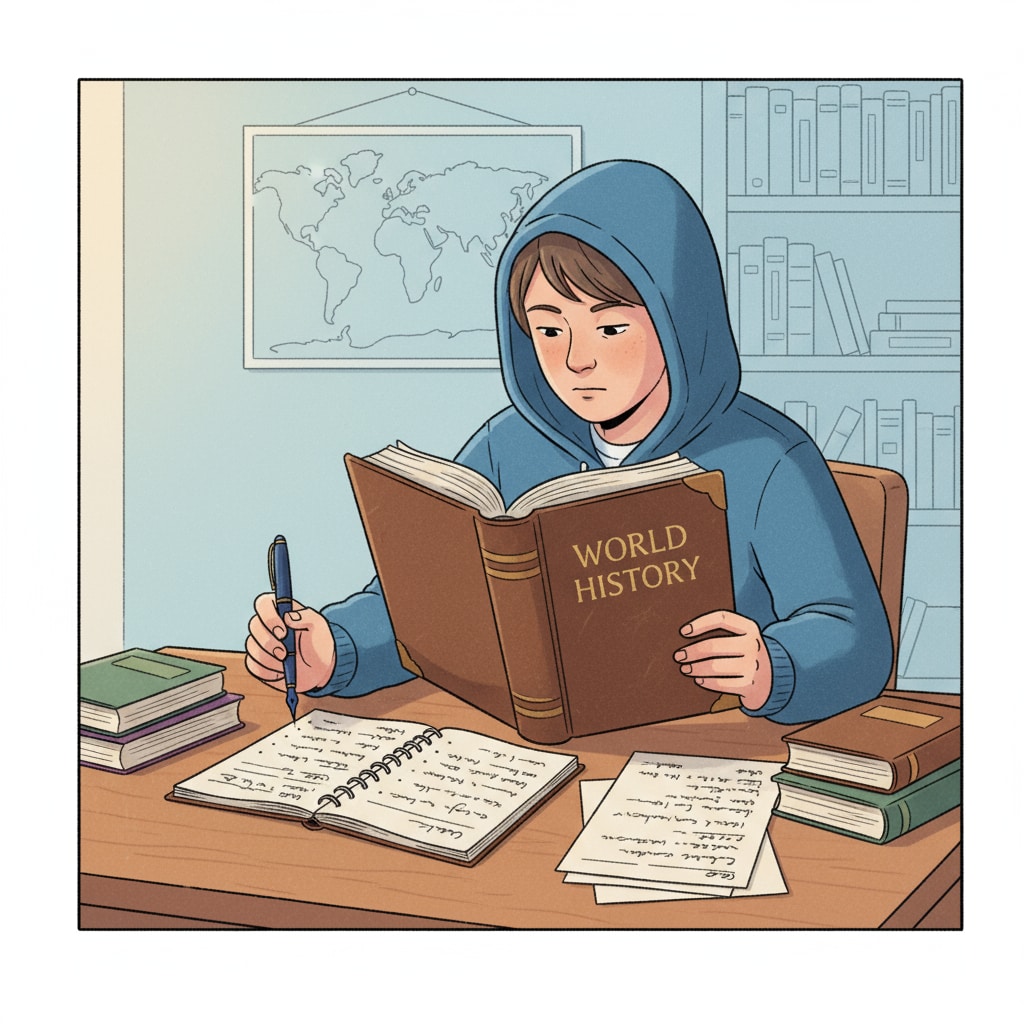 A student is sitting at a desk, deeply engrossed in reading a thick history textbook, with a pen in hand and some notes beside. A student reading a history textbook relevant to educational majors, history teachers, and career planning