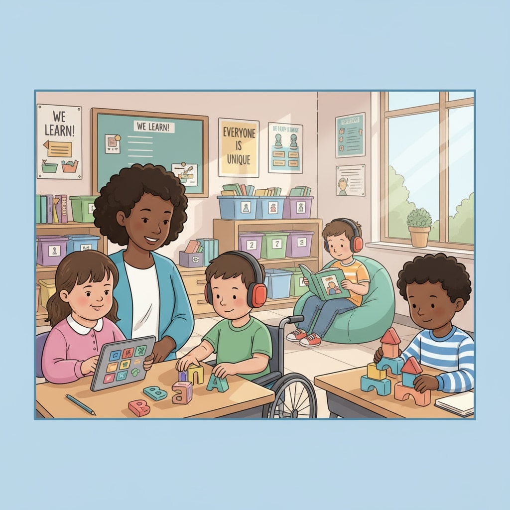 A group of students with disabilities in a special education classroom, engaged in various learning activities. Special education classroom scene during government shutdown and OSERS staff cuts